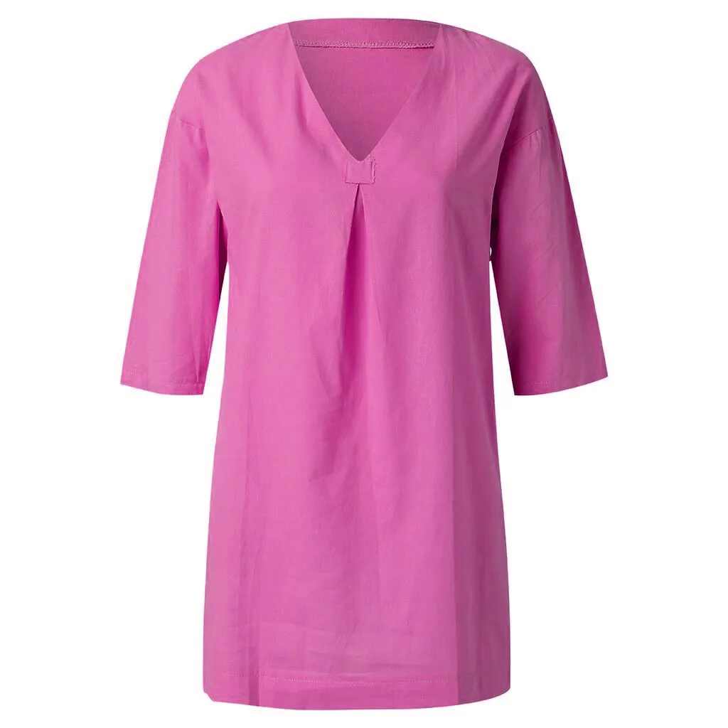 

Women Dress 2019 Summer Fashion Dress Women Loose Casual Pure Color V Neck Long Sleeved Summer Shirt Dress #39