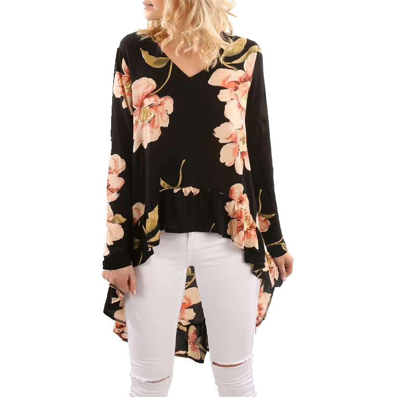 Новинка 2017 осенне Летняя женская блузка с цветочным принтом и длинным рукавом