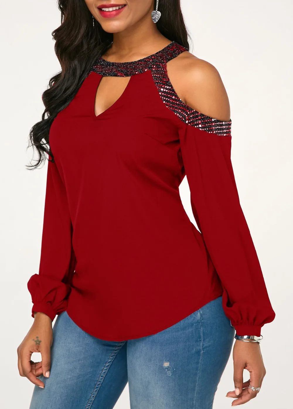 Женская футболка с длинным рукавом AHVIT бордовая Повседневная о-вырезом и