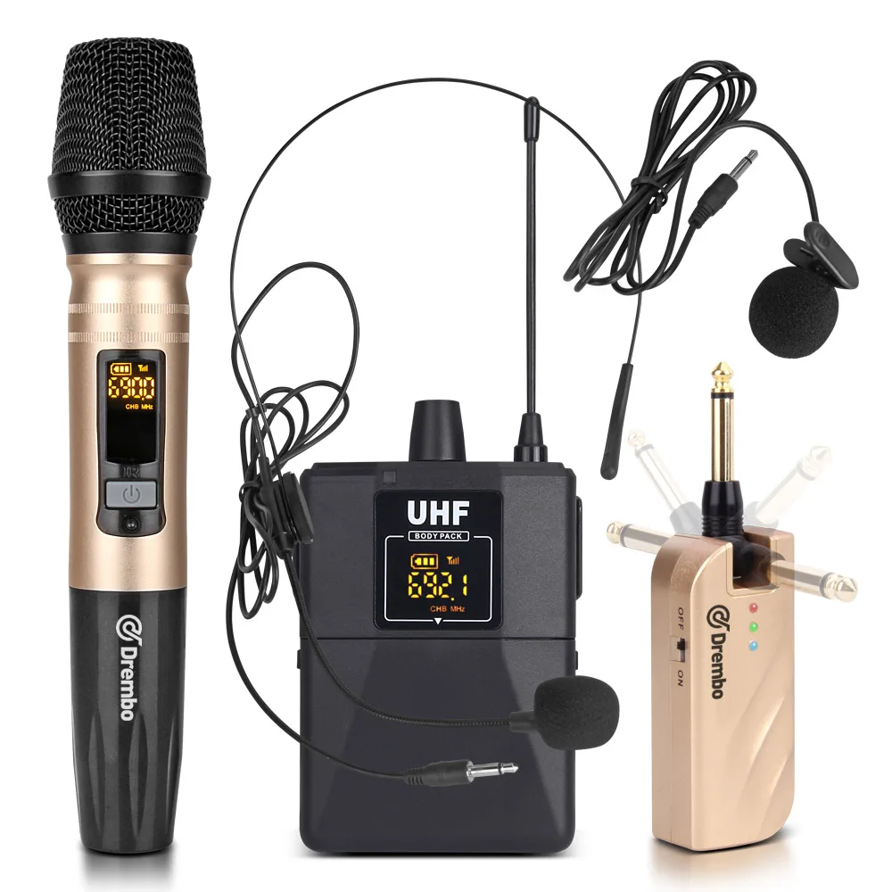 1Handheld 1Bodypack Drembo mini 2 канальный переносной беспроводной микрофон с ручным или петличный и гарнитура микрофон UHF Регулируемая частота для караоке - Цвет: 1Handheld 1Bodypack