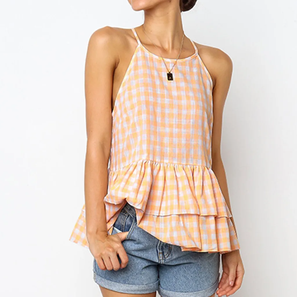 Sexy Tops Women Casual Plaid Ruffles Short Sleeveless Tank Top T Shirt Vest Blouse Camisole Clothing Summer Beach |