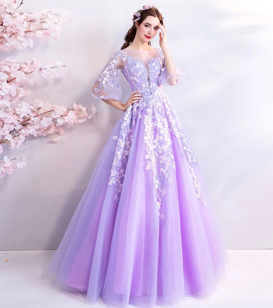 Женское вечернее платье SSYFashion фиолетовое до пола с коротким рукавом кружевной