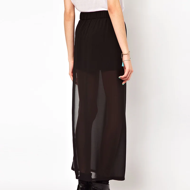 New Fashion Skirt Women 2018 Summer Style Solid Color Black Chiffon Long Side Split Casual Vintage Maxi Plus Size | Женская одежда
