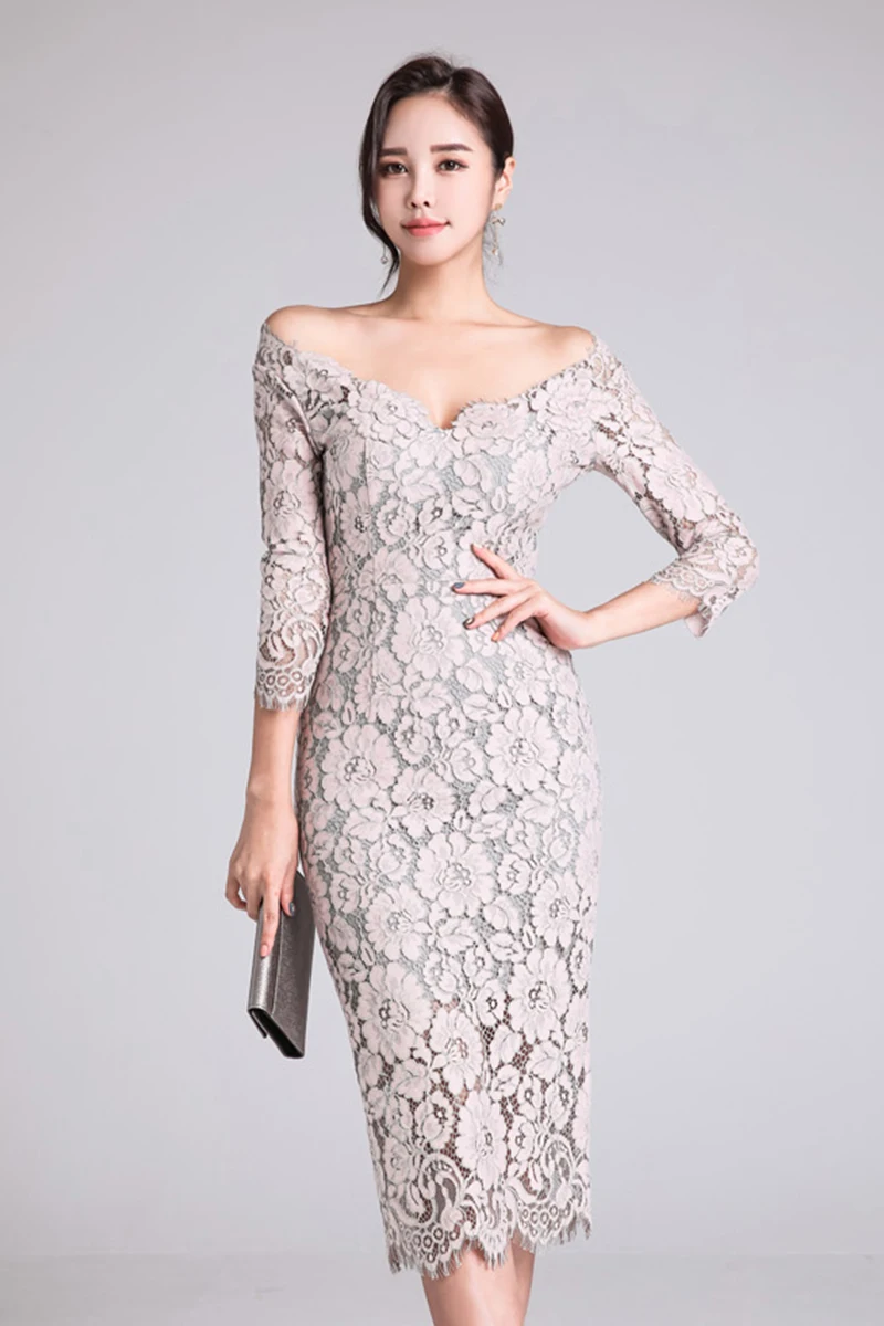 

Sexy V-neck Crochet Hollow Out Lace Bodycon Dress 2019 Spring Women Wear To Work Slim Elegant Sheath Pencil Dress Vestidos