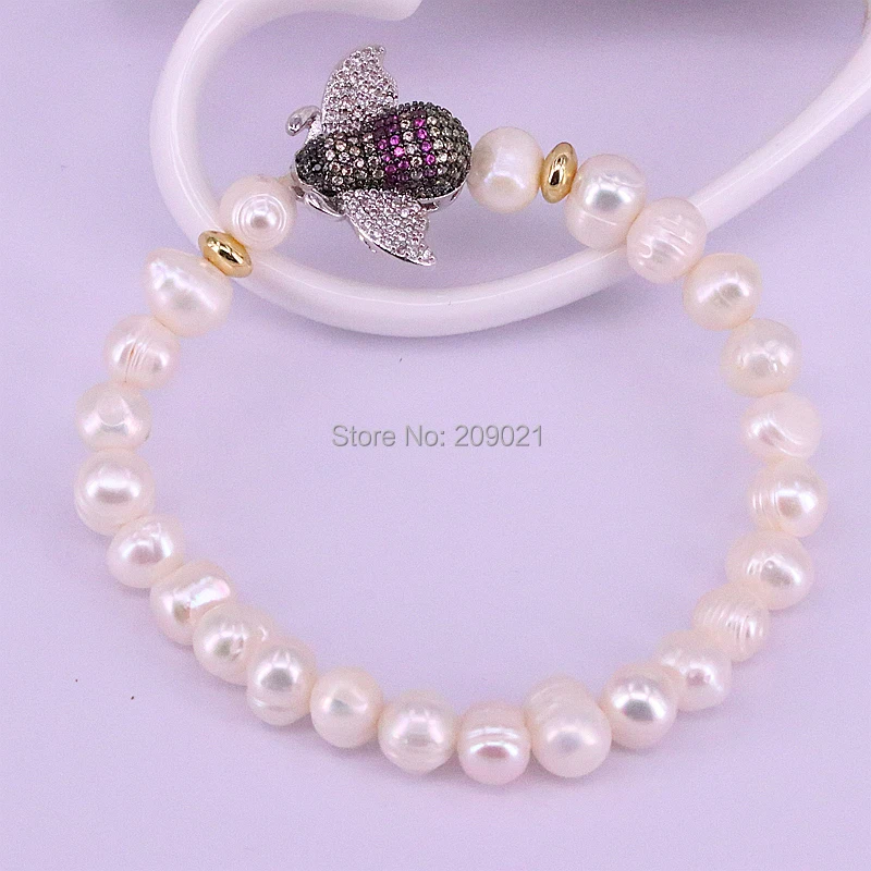 

5Pcs Cz Micro Pave Insect Bracelets,Natural Pearl Beaded Bracelet Handmade Jewelry