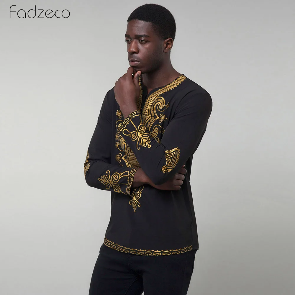 Fadzeco African Shirt For Men Dashiki Tribal Print 2019 Fashion V-Collar Long Sleeve Big Size Casual | Тематическая одежда и