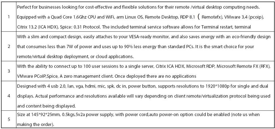 Тонкий клиент, облачный терминал, RDP 8,1 Remotefx/VMware 3,4 pcoip/Citrix 13,2 ICA HDX/Spice 0,31, четырехъядерный 1,6 ГГц, [HUNSN TF07]