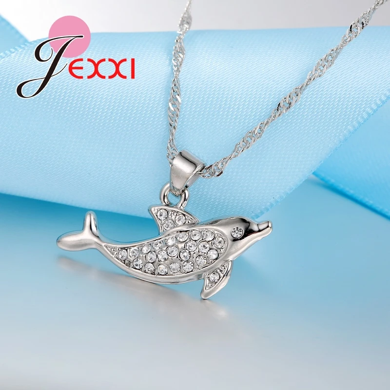 Female Best Gifts Cute 925 Sterling Silver CZ Crystal Stone Dolphin Earring Necklace Sets Women Girl Party Accessories | Украшения и