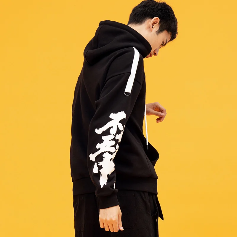 Houxu Men Hoodies Black Hooded Sports Youth Autumn Oriental Style Loose Printed Long-Sleeved Couple Male | Мужская одежда