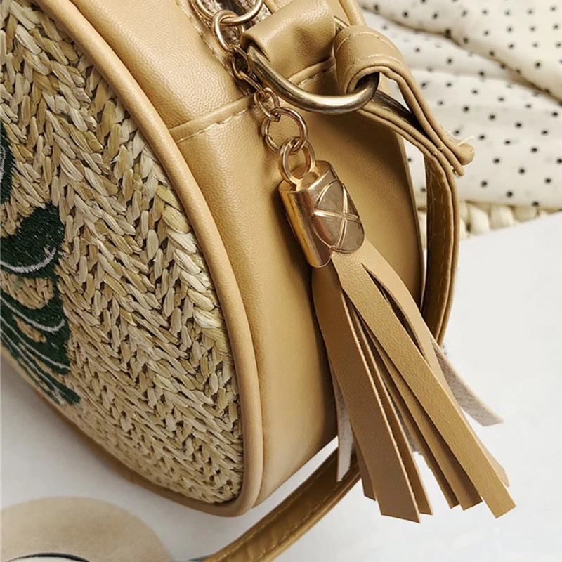 EaseHut Boho женские круглые соломенные сумки с вышивкой в виде листьев ананаса винтажные праздничные летние пляжные Дикие повседневные маленькие плетеная Сумка из ротанга
