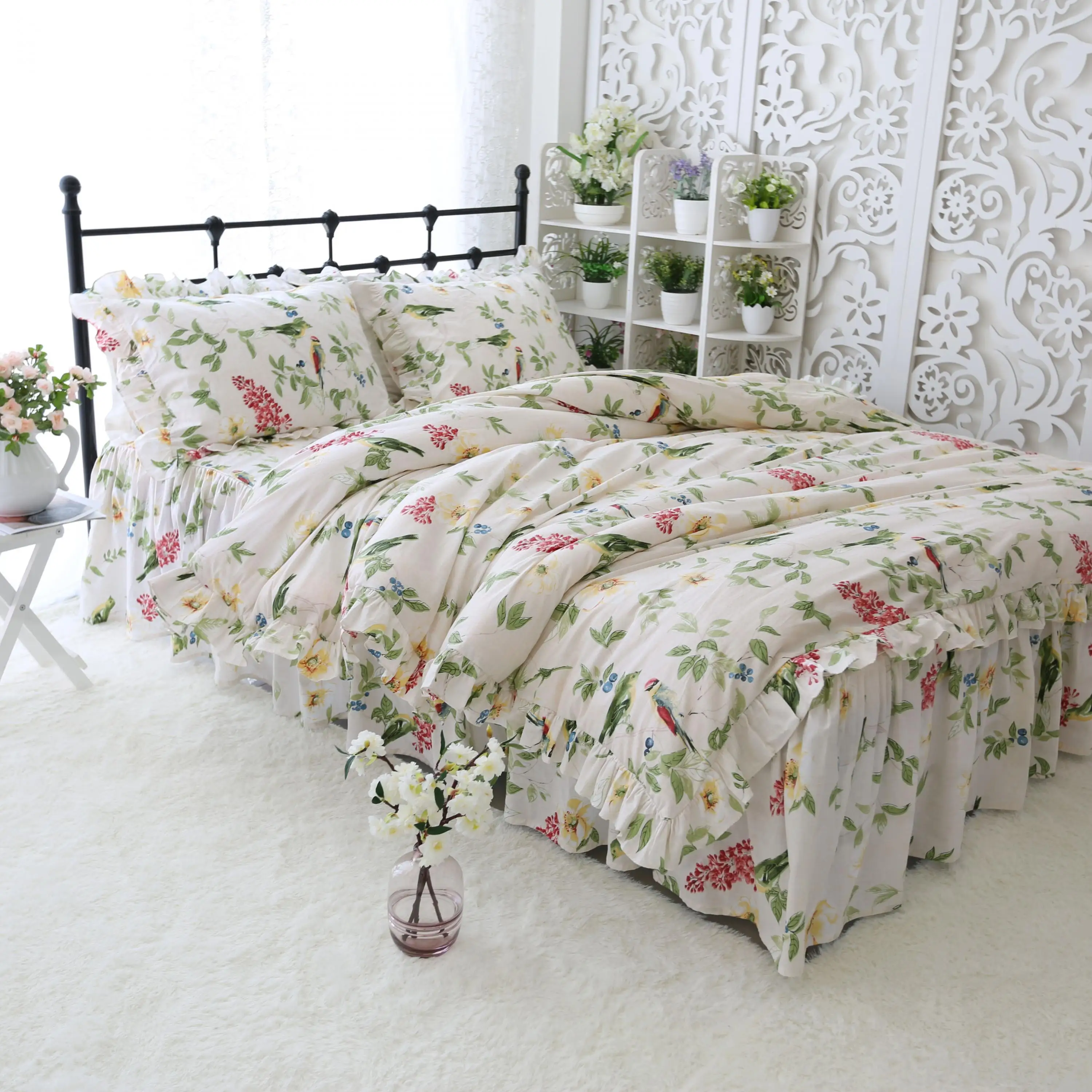 Зеленый пододеяльник с птицами и листьями Комплект постельного белья s Queen King