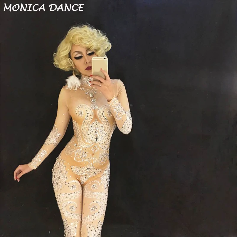 

Women Sexy Stage Jumpsuit Sparkling Crystals Bodysuit For Nightclub DJ Dancer Singer Stage Wear Birthday Celebrate Costume