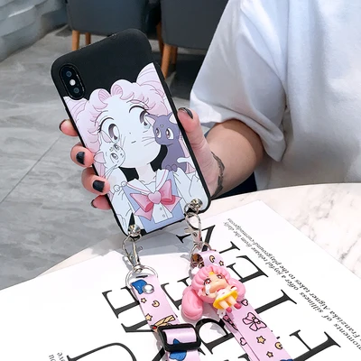 As shown in Для iPhone XR милый 3D Сейлор Мун чехол для телефона для iPhone X XS Max 4S 5S SE 6S 6plus 7plus 8 plus мультяшная задняя крышка+ ремешок+ игрушка - Цвет: As shown in