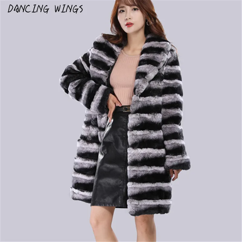 Enlarge New Winter Real Rex Rabbit Fur Women's Overcoat Chinchilla Color Full Sleeve Rabbit Fur Long Women Jackets