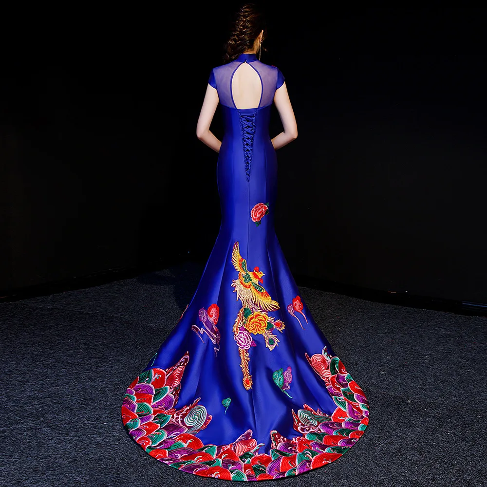 

Blue Mermaid Evening Dress Elegant Luxury Embroidery Qipao Chinese Traditional Dress Long Cheongsam Evening Gowns China Dresses