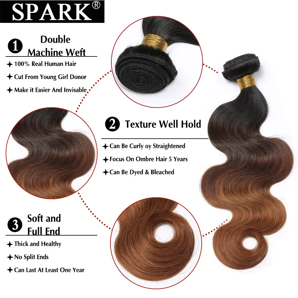 Spark Волосы remy ткань 1B/4/30 эффектом деграде (переход от темного к малайзийские