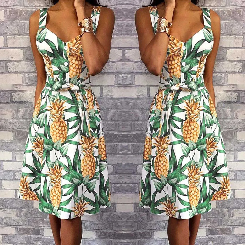 

Summer Hot Sale Products Explosive Dress Women's Sleeveless Pineapple Print Casual V-neck Sleeveless Print Dress robe femme 40*