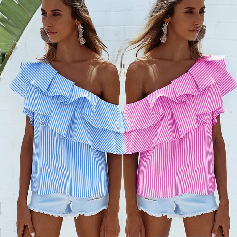 2017 blusas летний газа оборками Для женщин Топы корректирующие одно плечо Sexy слэш Blusa