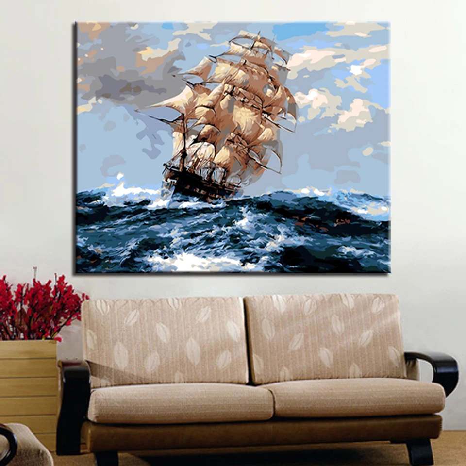 Парусная лодка живопись по номерам DIY Рисунок морская волна масло холст домашний декор настенные художественные наборы раскраска корабль морской пейзаж картины в рамке