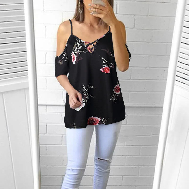 Женская футболка с открытыми плечами v-образным вырезом и коротким рукавом |