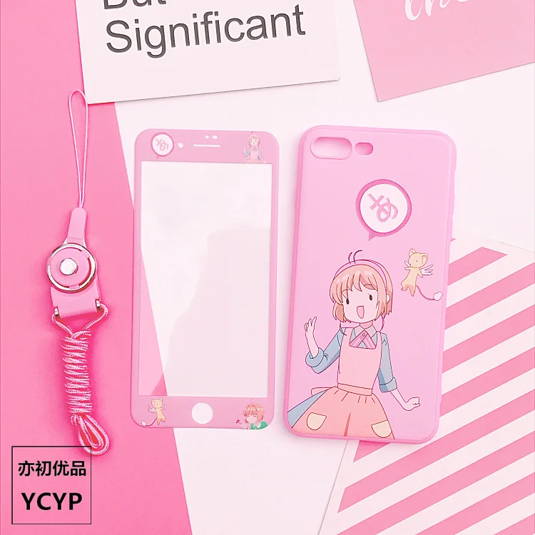 For iphone X Cartoon Sailor Moon Case +Tempered Glass Screen film for 8 8plus 6 6S plus 7 7plus Cardcaptor Sakura cover |