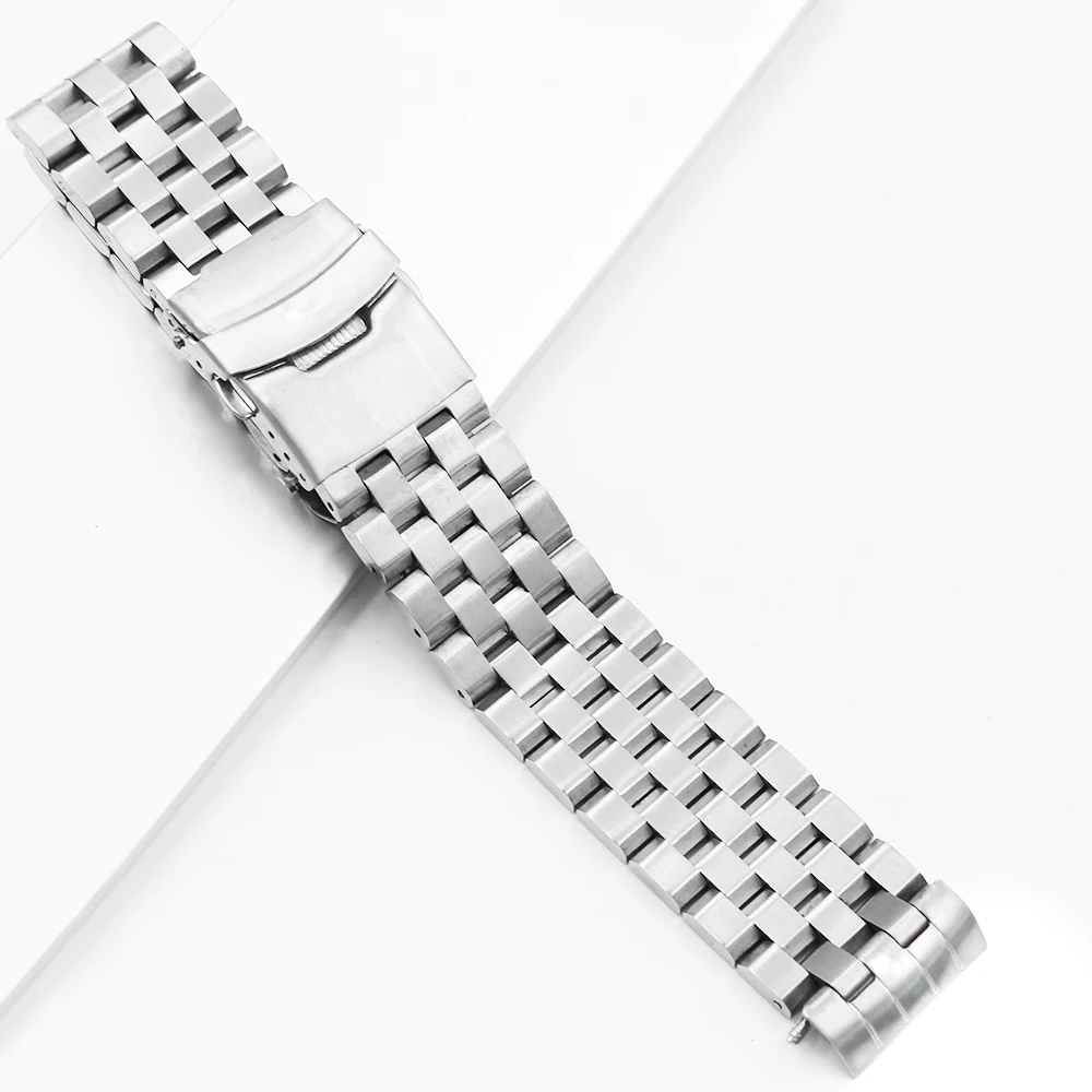 Rolamy 22mm Silver Hollow Curved End Solid Links Replacement Watch Band Strap Bracelet Double Push Clasp For Seiko