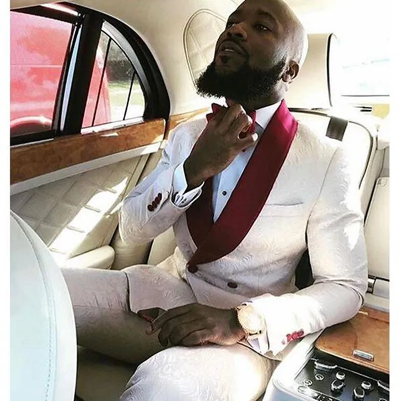 

New Brand Printed Lace Men's Tuxedo Red Shawl Lapel Slim Fit Double Breasted Suits Groomsmen Wedding Suits For Men (jacket+pant)
