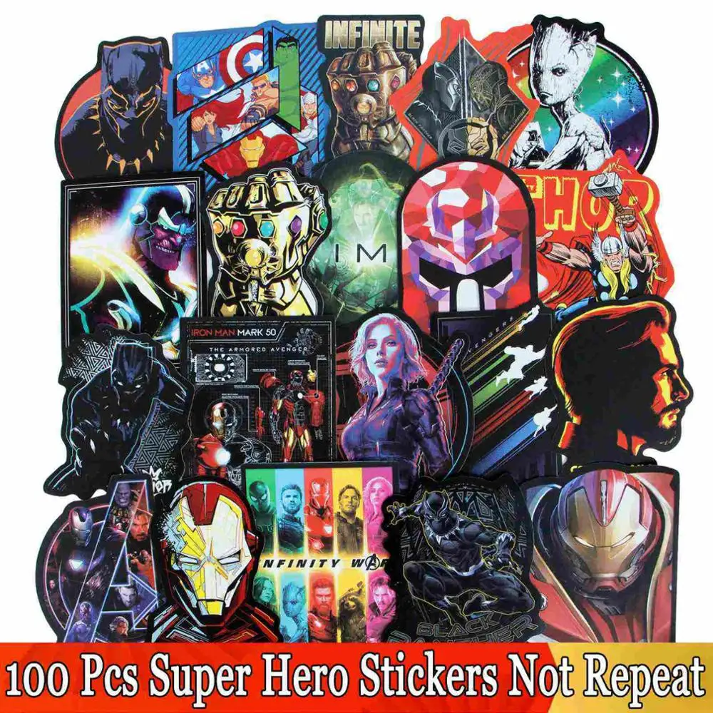 100 Pcs Super Hero Случайные 50/100 шт Прохладный Super Hero JDM Стикеры s для Marvel для Мстители Чемодан ноутбука СКЕЙТБОРД гитара граффити Стикеры DIY игрушка - Цвет: 100 Pcs Super Hero