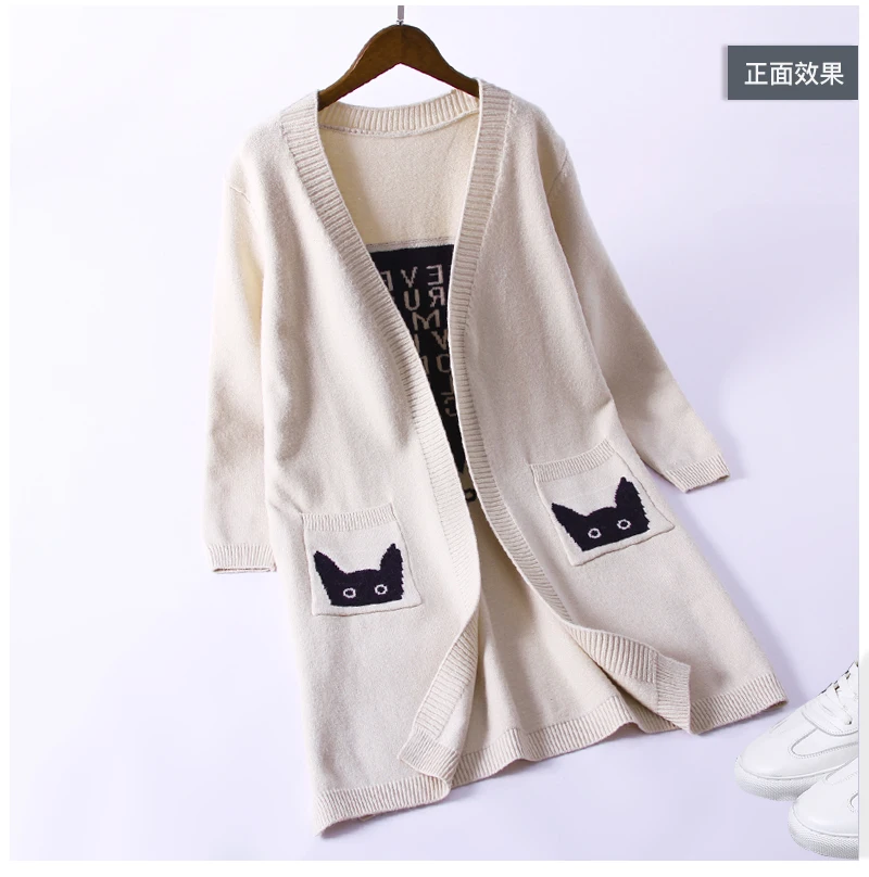 Japanese cartoon pocket Medium long section Cardigan sweater mori girl |