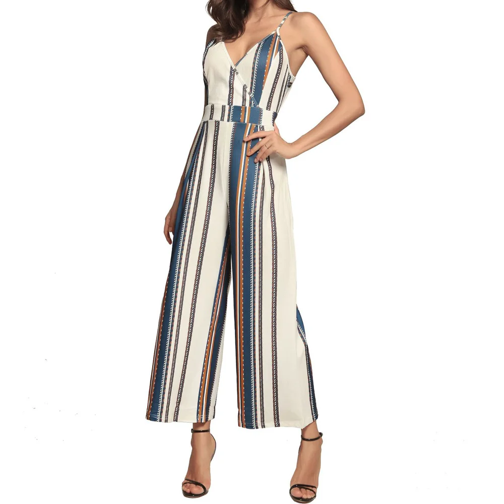 Женский полосатый комбинезон на бретелях-спагетти без рукавов с V-образным