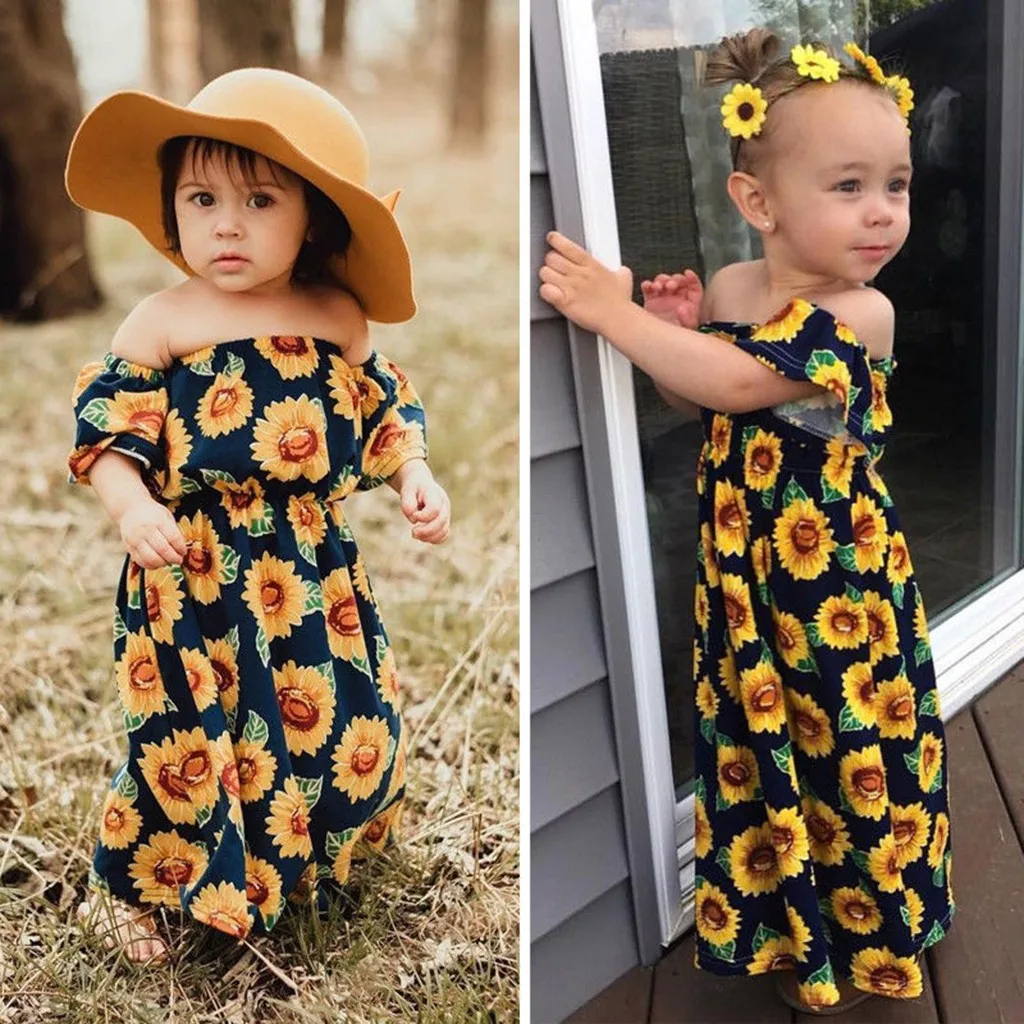Children Kids Baby Girls Sleeveless Off Shoulder Sunflower Print Floral Dress Infant Outfit Vestido Menia Bohemian Dresses | Детская