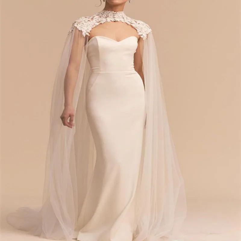 

New Custom Wedding Bridal Long Jackets Tulle Net Cloak White Ivory Cape Shawl With Lace Appliques Wraps Jacket
