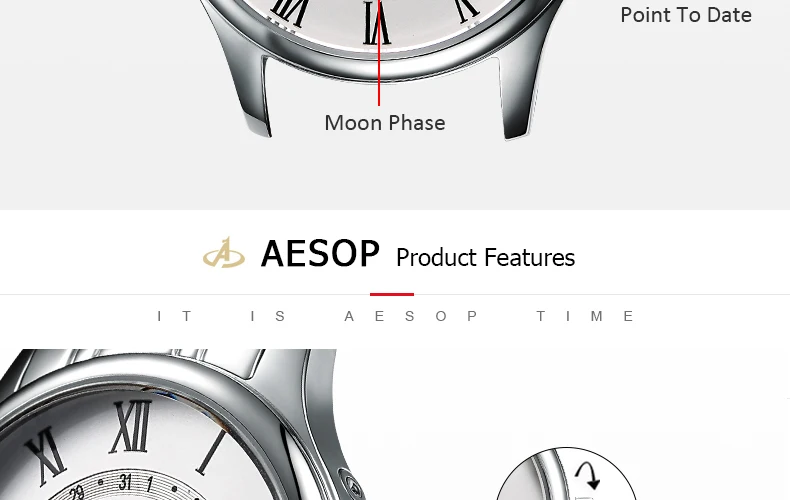 Aesop часы мужские роскошные Moon Phase кварцевые наручные часы из нержавеющей стали мужские часы водонепроницаемые Relogio Masculino