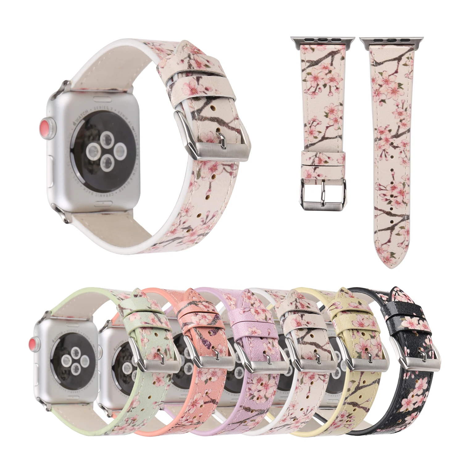 Flower Prints Leather Watch Band for Apple Watch 38/42mm 40/44mm Bracelet Cherry Blossoms Band for iWatch Series SE 6 5 4 3 2 1