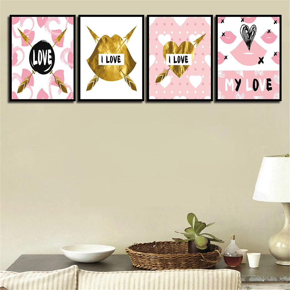 Картины розовых губ и Золотого сердца минималистичный постер в скандинавском