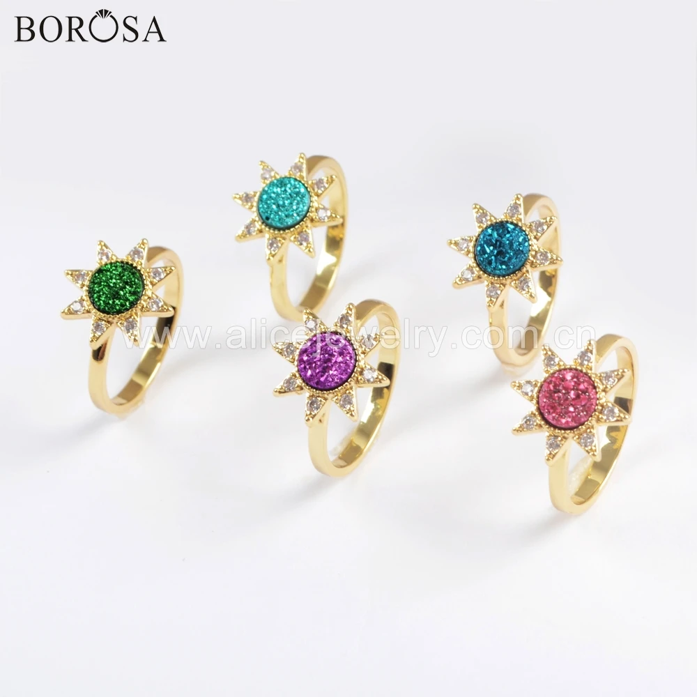 

BOROSA 5Pairs Wholesale hexagram Agates Druzy Rings Natural Drusy Tianium Candy Six Stars Fashion Ring Fashion Party Gift ZG0388