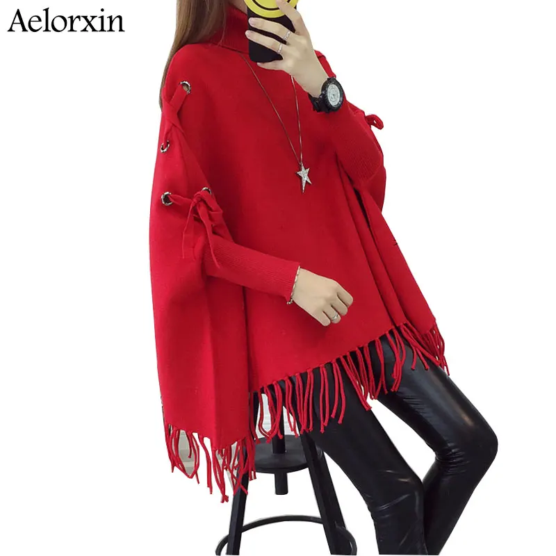 

sweater woman winter 2019 turtleneck Head Laceshawl cloak coat sweaterLoose slim fashion wild bat-type tassels sweater