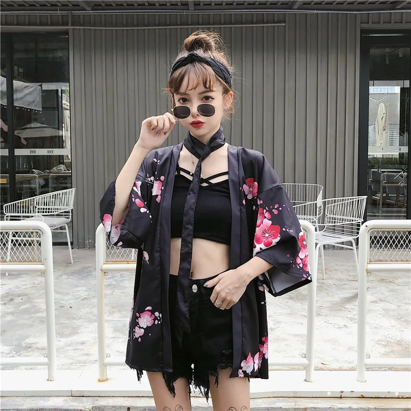 Женское кимоно пальто японская Куртка Верхняя одежда с принтом винтажная Harajuku Свободная блузка с принтом солнцезащитный кардиган милый 914-A196