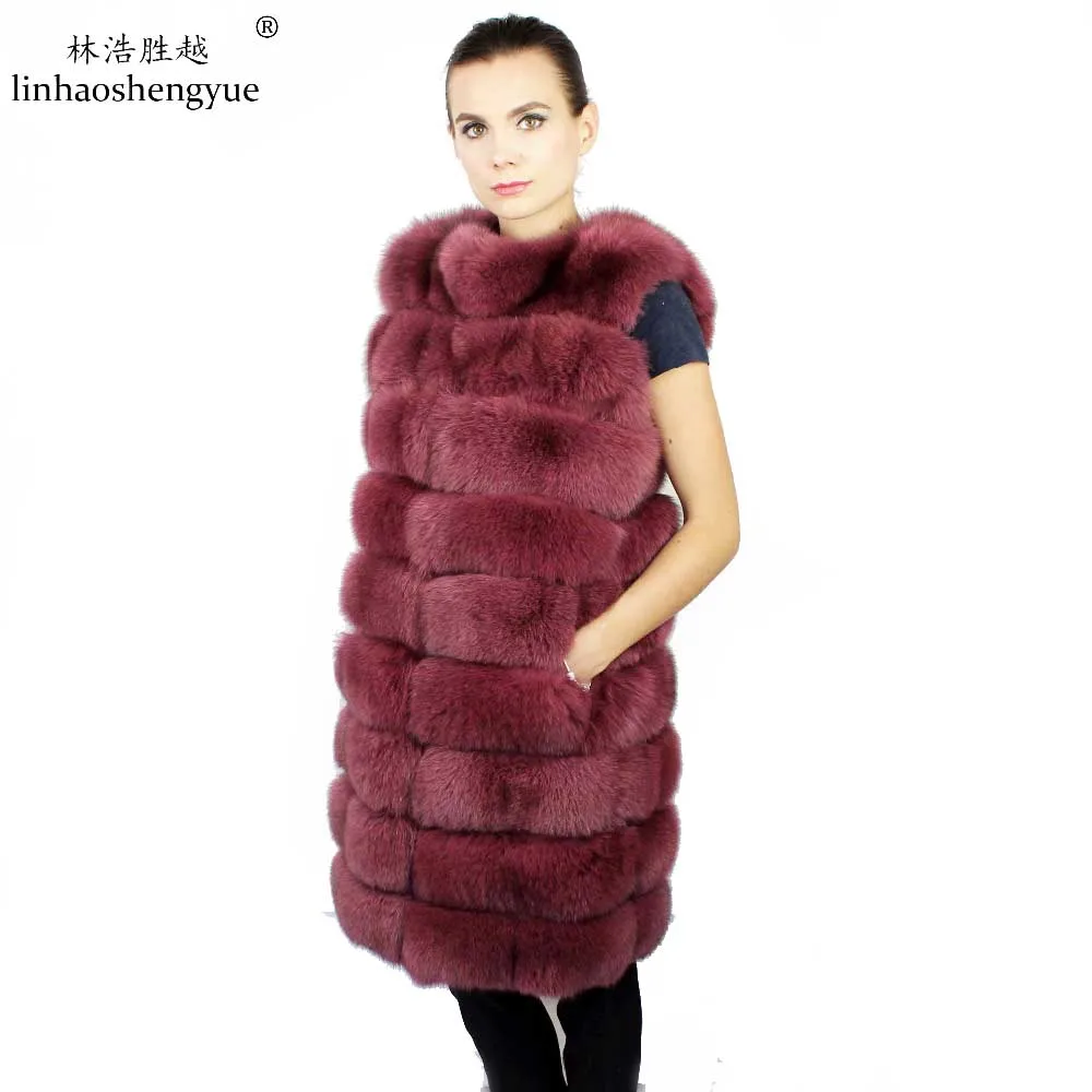 Linhaoshengyue  Fashion Women Real Fox Fur Women Vest 91cm Fox Fur Long Vest