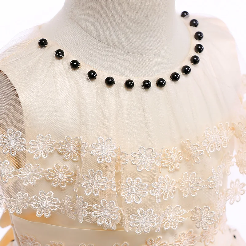Elegant Lace Princess Dress For Girls Kids Pearls Dot Ball Gown Wedding Birthday Party Girl Dresses Mesh Children Clothing TZ042 | Детская
