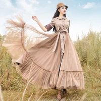 free shipping 2021 new fashion long maxi autumn and spring vintage trench dresses for women boshow outerwear s l gauze patchwork