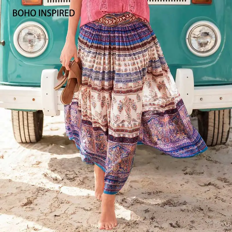 Boho Inspired rayon long skirt summer Autumn New Women's elastic waist Pleated Gypsy striped print saia 2018 chic faldas | Женская