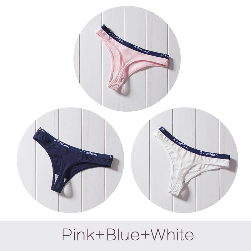 PinkBlueWhite Sexy G-String Cotton Women Briefs Panties T Back Underwear Seamless Thong Bikini Low Rise Waist Transparent Lady 3pcs Lot Pantie - Color: PinkBlueWhite