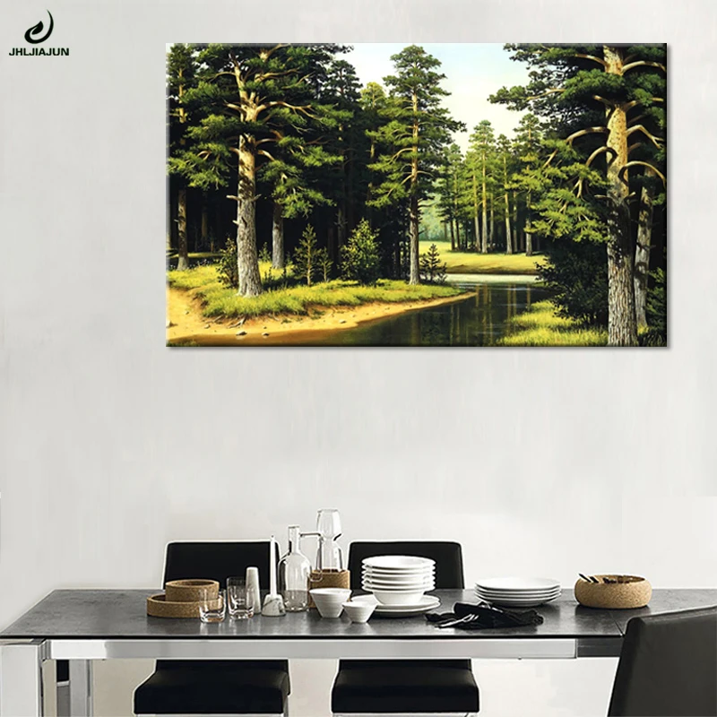 Современный закат река лес природный пейзаж холст картина маслом печать
