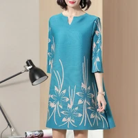 women plus size dress spring summer new fashion printed beading 34 sleeves loose waist miyake pleats a line dress