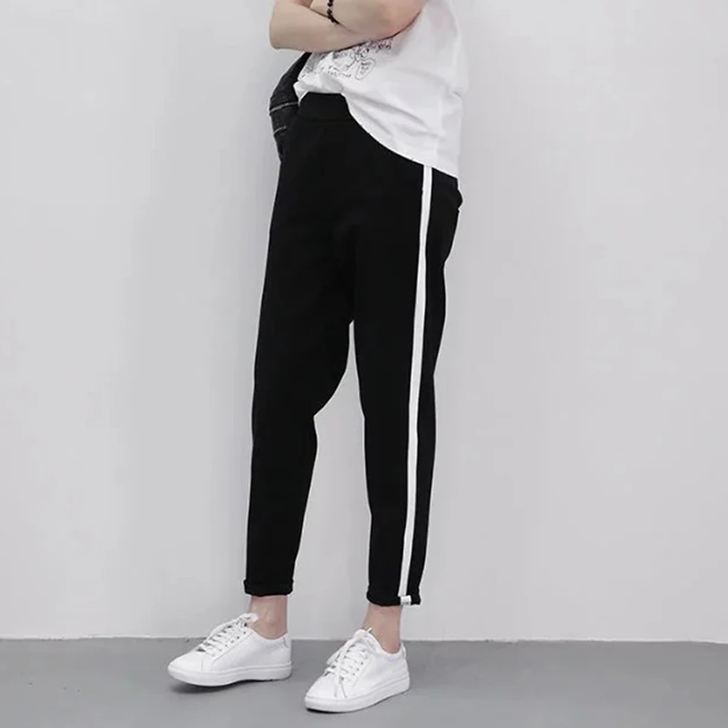 

Autumn Women Harem Pants Casual Long Trousers For Women Black Side Striped Thin Ankle-Length Pants Female Pencil Pant