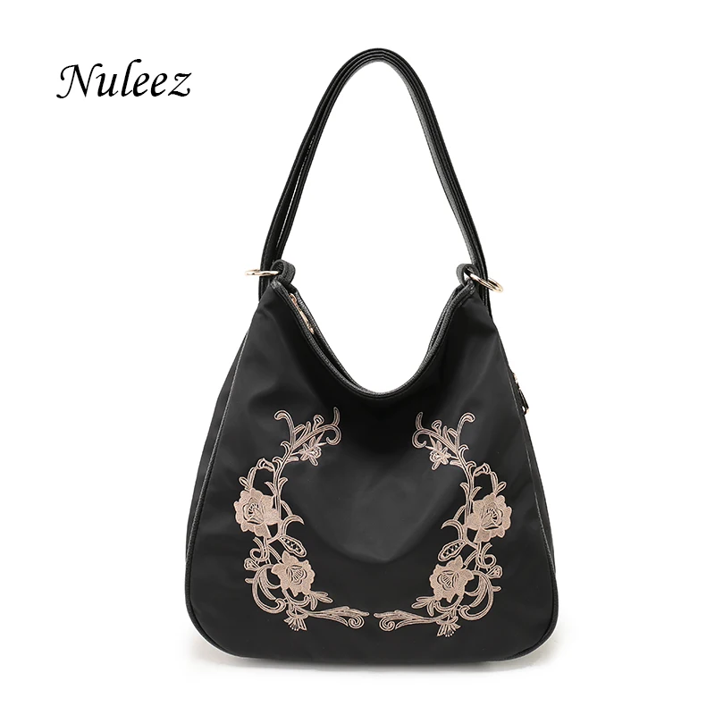 Женская сумка с вышивкой Nuleez черная Водонепроницаемая нейлоновая через плечо