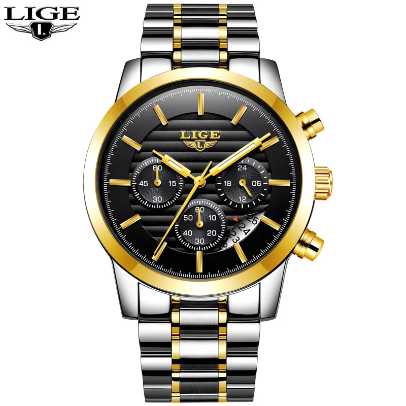 steel gold black LIGE мужской роскошный бренд часов полная сталь кварцевые часы мужские военные водонепроницаемые платья спортивные мужские модные повседневные relogio masculino - Цвет: steel gold black