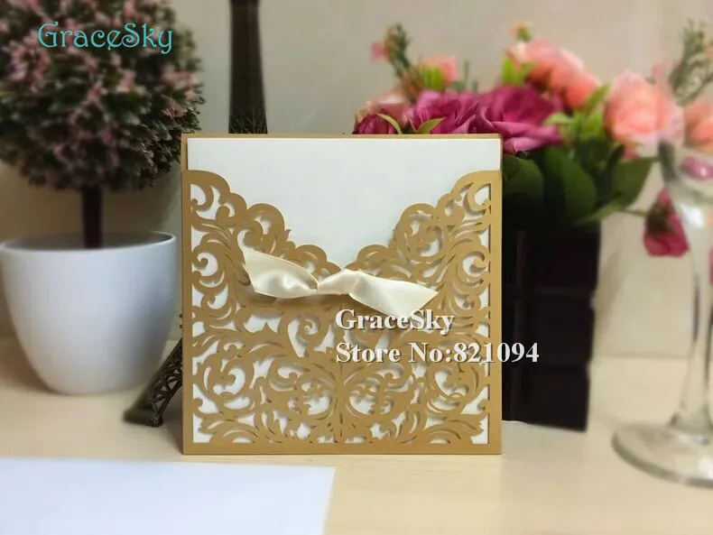 50pcs/lot Free shipping Laser Cut European Classic Lace Flowers Vine Design Wedding Party Invitation Card with Blank Inner Sheet |