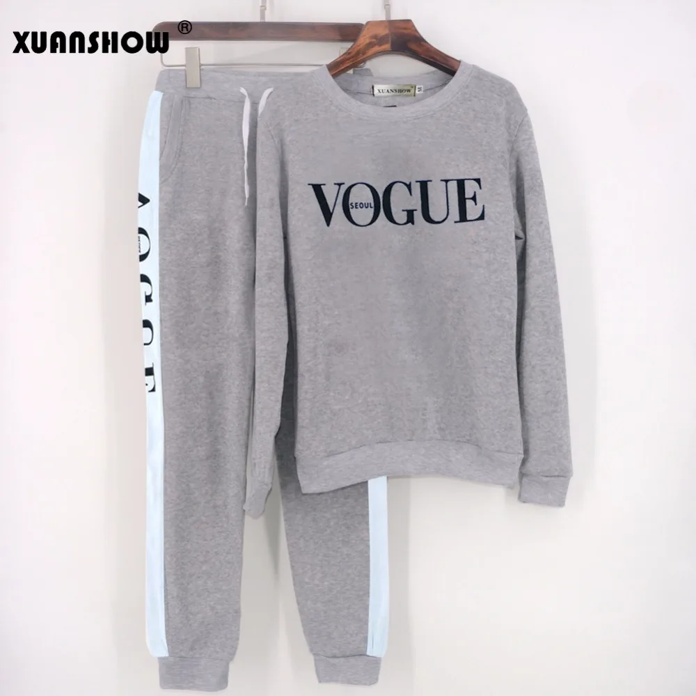XUANSHOW Осень зима 2 предмета женщины VOGUE Буквы напечатанный Толстовка+ брючный костюм Спортивные остюмы Длинный рукав Спортивная одежда Снаряжение